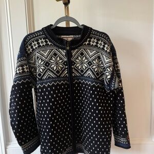 Navy & Cream Fair Isle Zip Cardigan Dale of Norway Norwegian sweater wool med